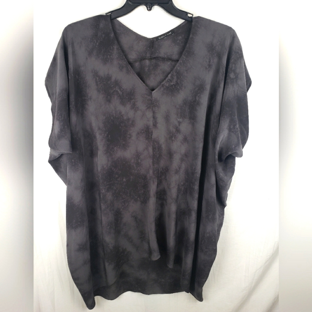 Eileen Fisher Black and Gray Silk Sleeveless Hi-Low Oversized VNeck Shirt Sz XL